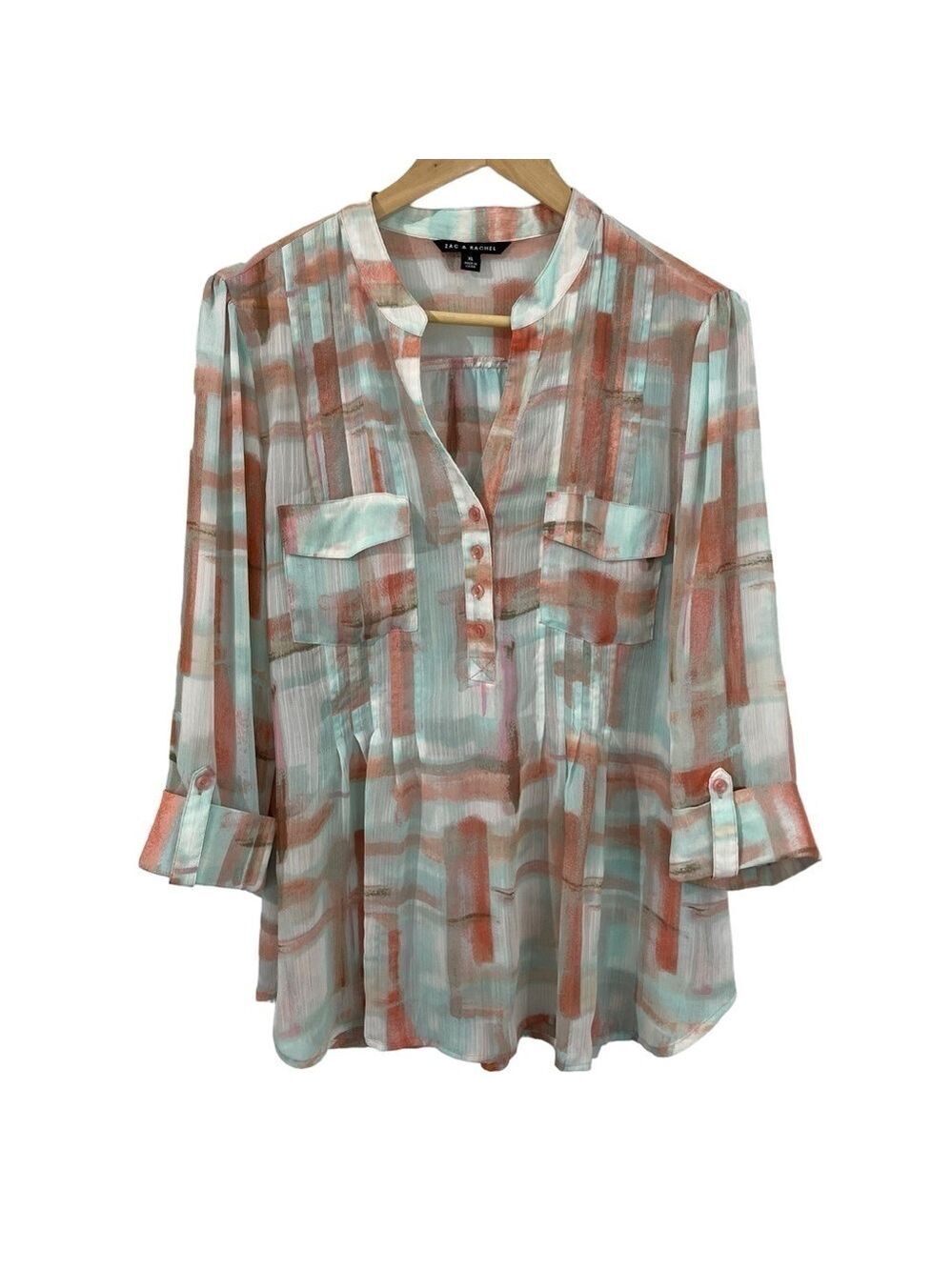 Zac & Rachel Sheer Pastel Popover Blouse Womens XL Pink Blue Cuffed Sleeve Top